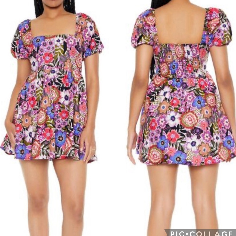 Forever 21 NWT Size M Floral Babydoll Mini Party Dress Pockets Puff Sleeves